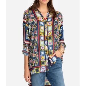 Johnny Was Delphine Printed Silk Floral Blouse Tunic Long Sleeve Size XS